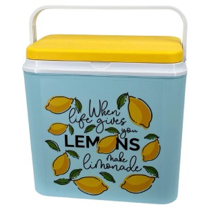 t.b.t. Lodówka turystyczna na kemping z motywem cytryn i żółtą pokrywą.