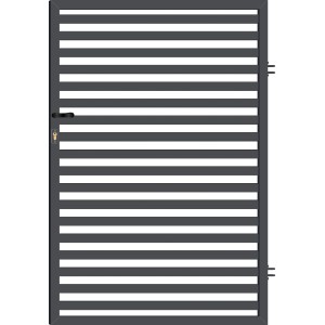 Szary metalowy panel ogrodzeniowy z poziomymi prętami i klamką.