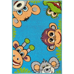 Niebieski dywan z krótkim włosiem z motywami zwierzęcymi (małpa, żyrafa, mysz, żaba).