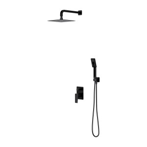 Czarny zestaw prysznicowy z deszczownicą, słuchawką i baterią.