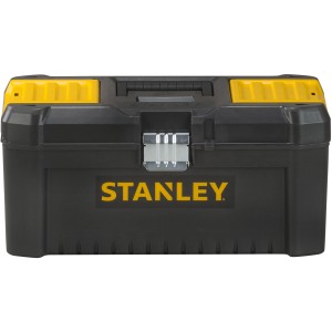 Stanley Essential 16-calowa skrzynka narzędziowa, plastikowe pudełko z metalowymi zatrzaskami, czarno-żółta.