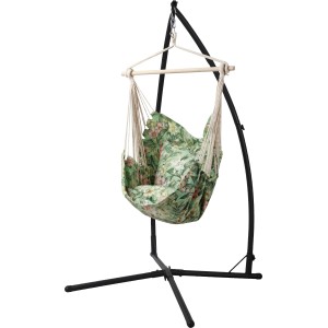 Krzesło wiszące Lytton we wzór kwiatowy na czarnej ramie. Wygodny fotel wiszący do użytku wewnątrz i na zewnątrz.