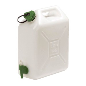 Biały kanister na wodę z zielonym kranem, akcesoria kempingowe.