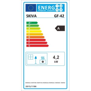 Etykieta energetyczna pieca gazowego t.b.t.: A, 4,2 kW. Klasa efektywności od A++ do G.