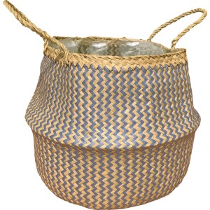 Ręcznie pleciona osłonka/koszyk na zioła, niebiesko-naturalny, z uchwytami.