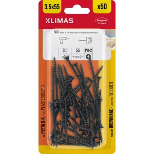 Czarne wkręty do płyt gipsowych 3,5x55 mm, 50 sztuk, do podkonstrukcji drewnianych.