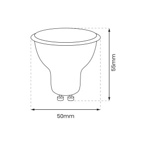 Szkic żarówki LED GU10 z wymiarami (50x55mm).