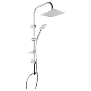 Chromowana kolumna prysznicowa z deszczownicą i słuchawką.