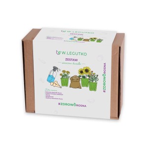 Zestaw nasion t.b.t. w kartonowym opakowaniu z ilustracjami kwiatów i narzędzi ogrodniczych.