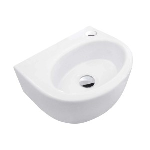 Umywalka nablatowa t.b.t. w kolorze białym z okrągłym chromowanym odpływem.