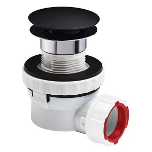 Syfon umywalkowy t.b.t. z czarnym korkiem i białą obudową z tworzywa sztucznego.