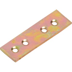 Żółty ocynkowany łącznik płaski, 50x15 mm, z czterema otworami do mocowania mebli.