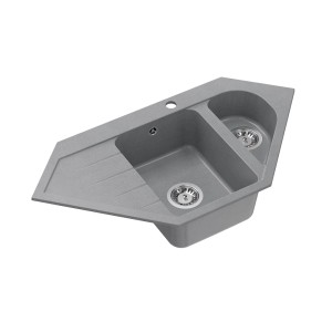 Szary zlewozmywak granitowy t.b.t. z dwoma komorami i ociekaczem.