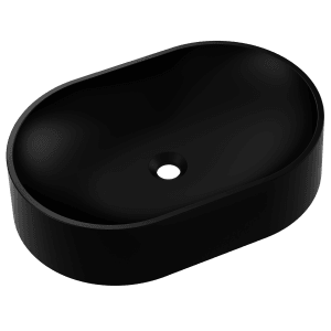 Czarna umywalka nablatowa t.b.t. o owalnym kształcie.