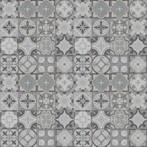 Dekoracyjne panele winylowe we wzór płytek, odcienie szarości i błękitu.