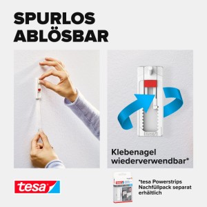 Tesa gwóźdź samoprzylepny, usuwalny bez śladu z tapety/tynku. Pokazuje usuwanie, regulowaną głowicę. Wielokrotnego użytku.