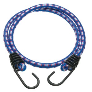 Niebiesko-biało-czerwona guma ekspandor z metalowymi haczykami, długość 100 cm, do podróży i transportu.