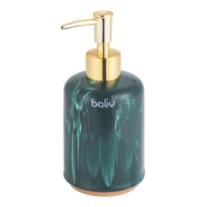 Zielony marmurkowy dozownik mydła ze złotą pompką do akcesoriów łazienkowych.