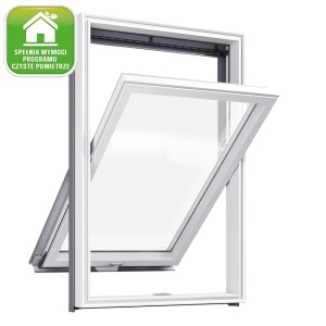 Białe okno dachowe t.b.t., otwarte, z odniesieniem do programu „Czyste Powietrze”.