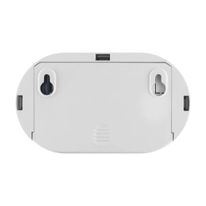 Widok z tyłu białego sygnalizatora alarmowego t.b.t. z otworami montażowymi do instalacji na ścianie.