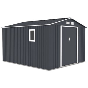 Szary metalowy domek narzędziowy z oknem i drzwiami. Idealny do przechowywania w ogrodzie.