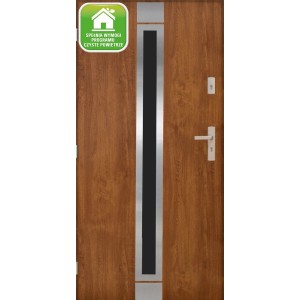 Nowoczesne drzwi zewnętrzne t.b.t. w kolorze drewna ze srebrnym elementem dekoracyjnym.