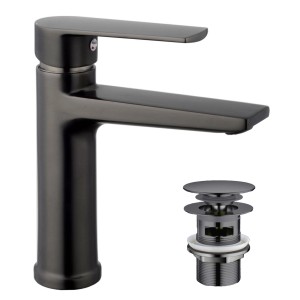 Bateria umywalkowa t.b.t. w kolorze szarym z zestawem odpływowym.