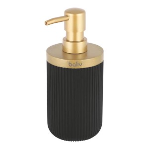 Czarny dozownik do mydła ze złotą pompką do akcesoriów łazienkowych.