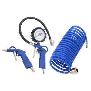 LUX 3-częściowy zestaw narzędzi pneumatycznych: pistolet do przedmuchiwania, pompka do opon z manometrem i wąż spiralny.