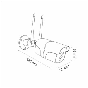 Szkic kamery monitoringu t.b.t. o wymiarach 55x55x185mm z dwiema antenami.