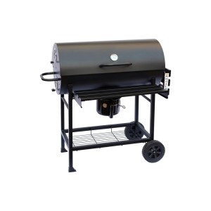 Czarny grill węglowy z pokrywą, półką i kołami.
