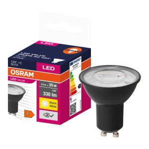Czarna żarówka LED GU10 firmy Osram, ciepła biel, 4.5W, z opakowaniem.