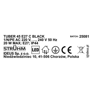 Struhm Lampa ogrodowa TUBER C 1xE27 max. 20W IP44 45cm czarna