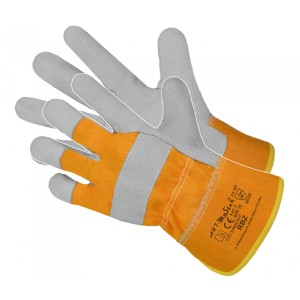 Pomarańczowe rękawice robocze t.b.t. z szarym skórzanym wykończeniem.