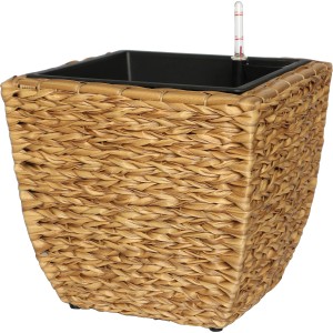 Kwadratowa donica w naturalnym stylu z systemem nawadniania i wskaźnikiem poziomu wody.