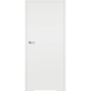 Białe drzwi wewnętrzne o prostym designie z srebrną klamką.