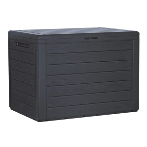 Ciemnoszary pojemnik na poduszki t.b.t. z efektem drewna do ogrodu i na taras.