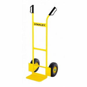 Żółty wózek transportowy Stanley do przewozu ciężkich ładunków.