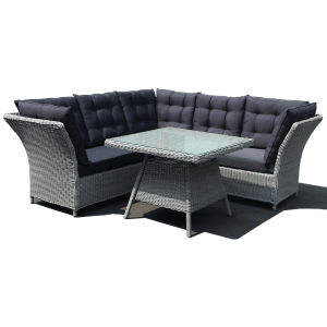 Szary zestaw mebli ogrodowych z narożną sofą i stołem. Idealny do relaksu na świeżym powietrzu.