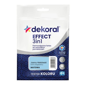 Dekoral Effect 3w1 farba do ścian, jasnoniebieska, matowa farba testowa. Do kolorowych ścian wewnątrz.