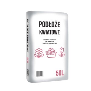Worek ziemi do kwiatów z nadrukiem kwiatów i pojemnością 50L.