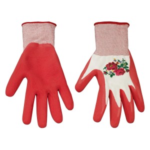 Rękawice ogrodowe LUX, rozmiar 7, z czerwonym lateksowym wykończeniem i kwiatowym nadrukiem. Idealne do prac w ogrodzie.