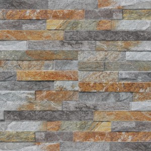 Dekoracyjna ściana z kamieni t.b.t. w odcieniach szarości, brązu i beżu.