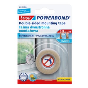 Tesa Powerbond taśma montażowa, dwustronna taśma klejąca, transparentna, 1,5 m x 19 mm.