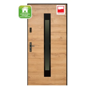 Nowoczesne drzwi zewnętrzne z efektem drewna i wstawką szklaną. Drzwi wejściowe do Twojego domu.