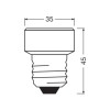 Rysunek techniczny płaskiej żarówki LED Osram E27, wymiary 4,5 x 3,5 cm.