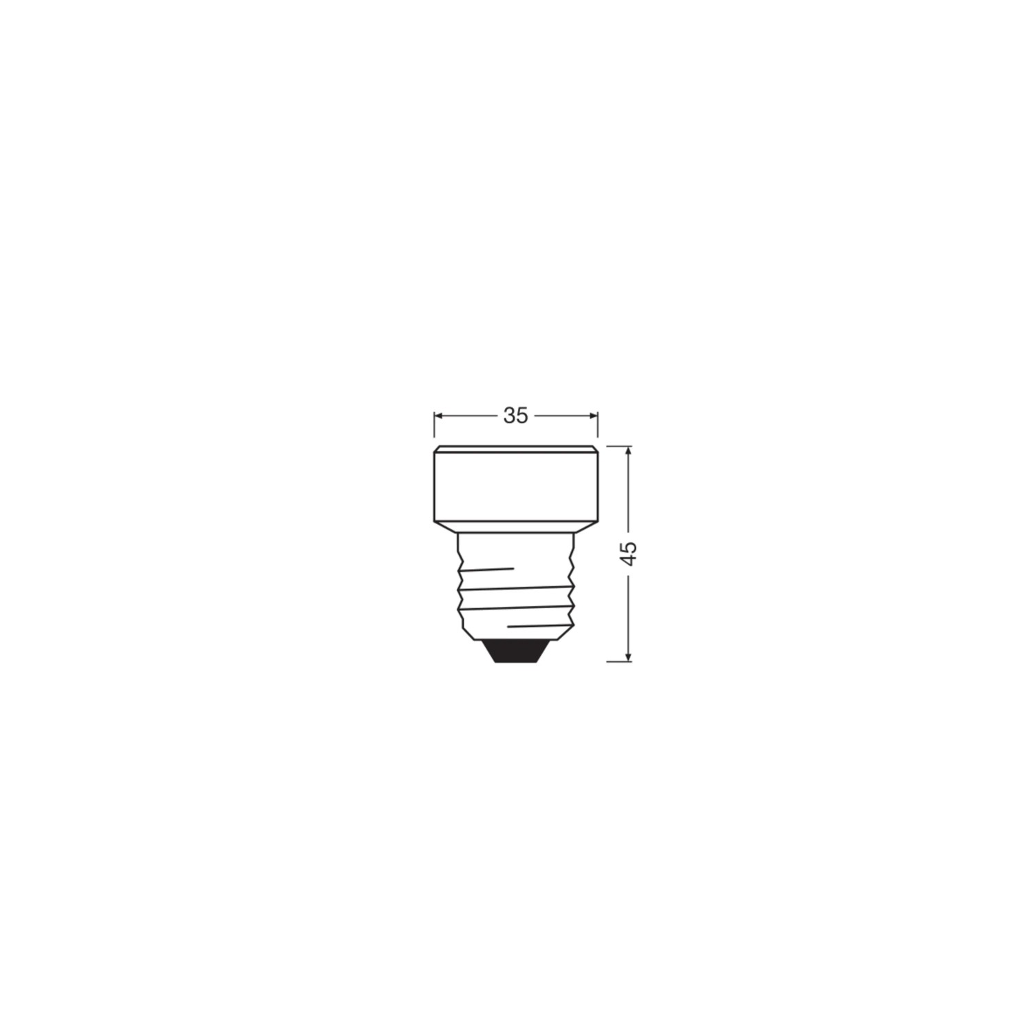 Rysunek techniczny płaskiej żarówki LED Osram E27, wymiary 4,5 x 3,5 cm.