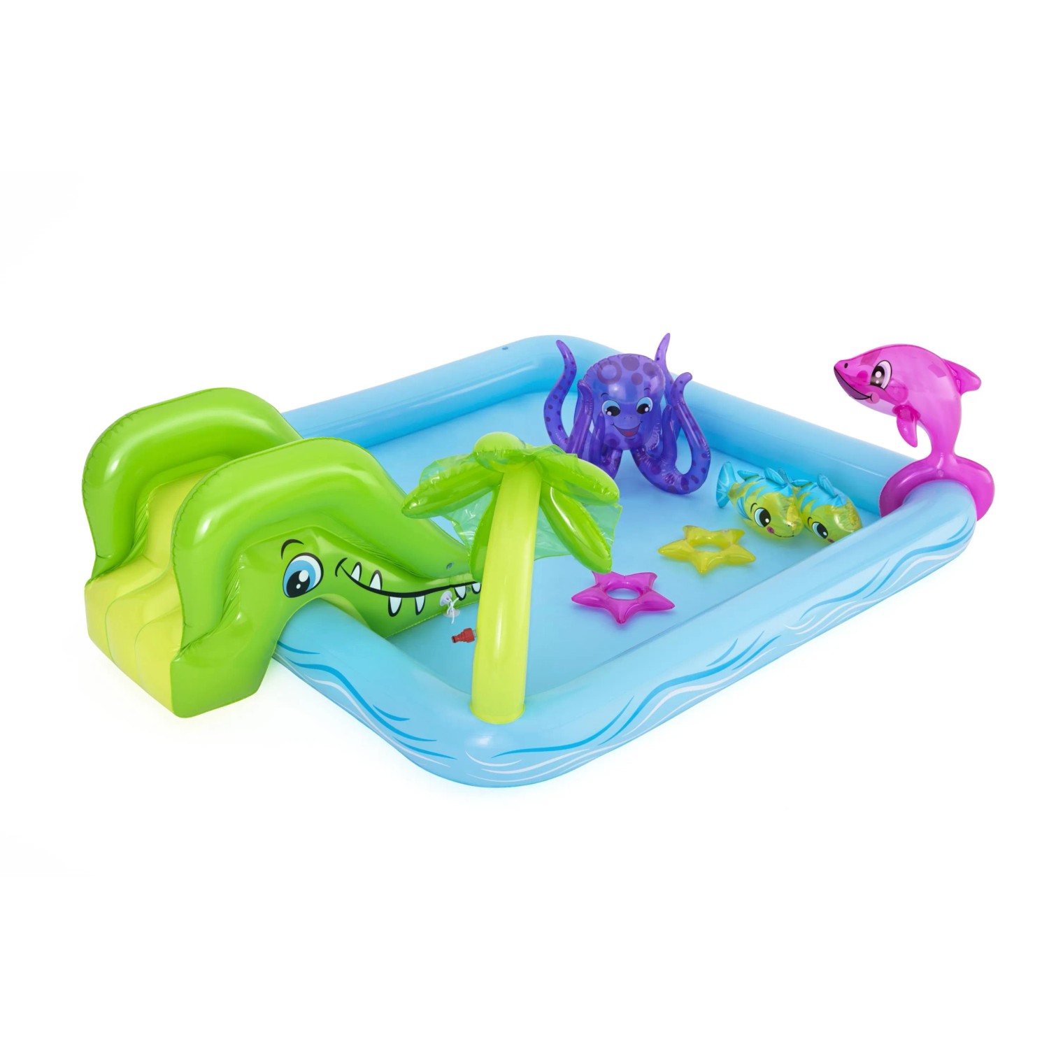 Bestway Wodne centrum zabaw Aquarium ze zjeżdżalnią, delfinem, ośmiornicą i palmą.