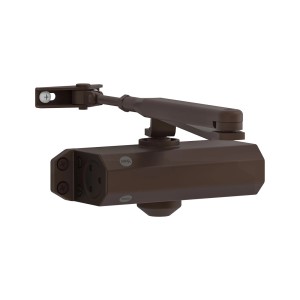 Brązowy samozamykacz Yale do rygli i zasuw.