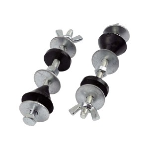 Dwie śruby z nakrętkami, podkładkami i gumowymi amortyzatorami jako akcesoria i części zamienne.